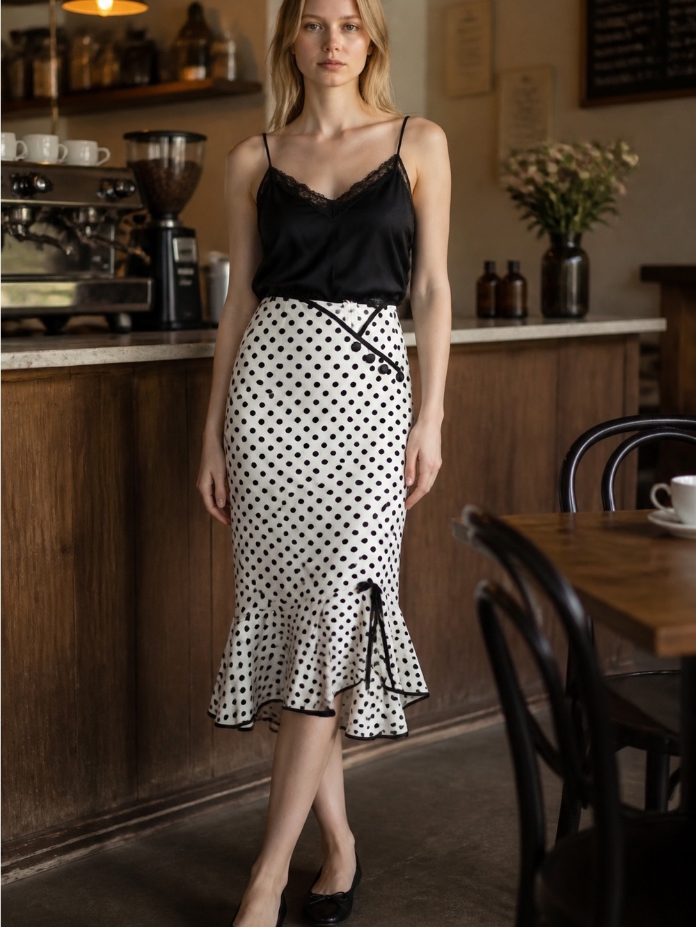 Polka Dot Midi Skirt with Ruffle Hem - White/Black